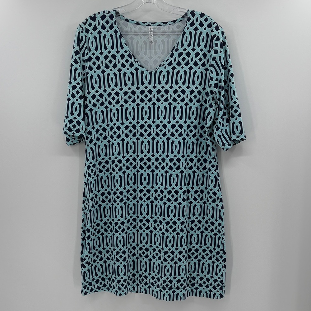 Lulu-B Performance Short Sleeve Mini Dress - Light Blue/Navy - Large
